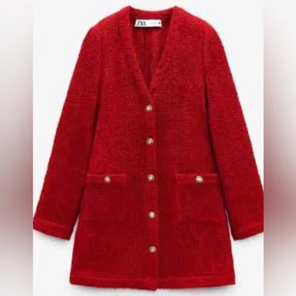 ZARA Textured Weave Blazer Dress Burgundy Red Gold Size S - Picture 11 of 16